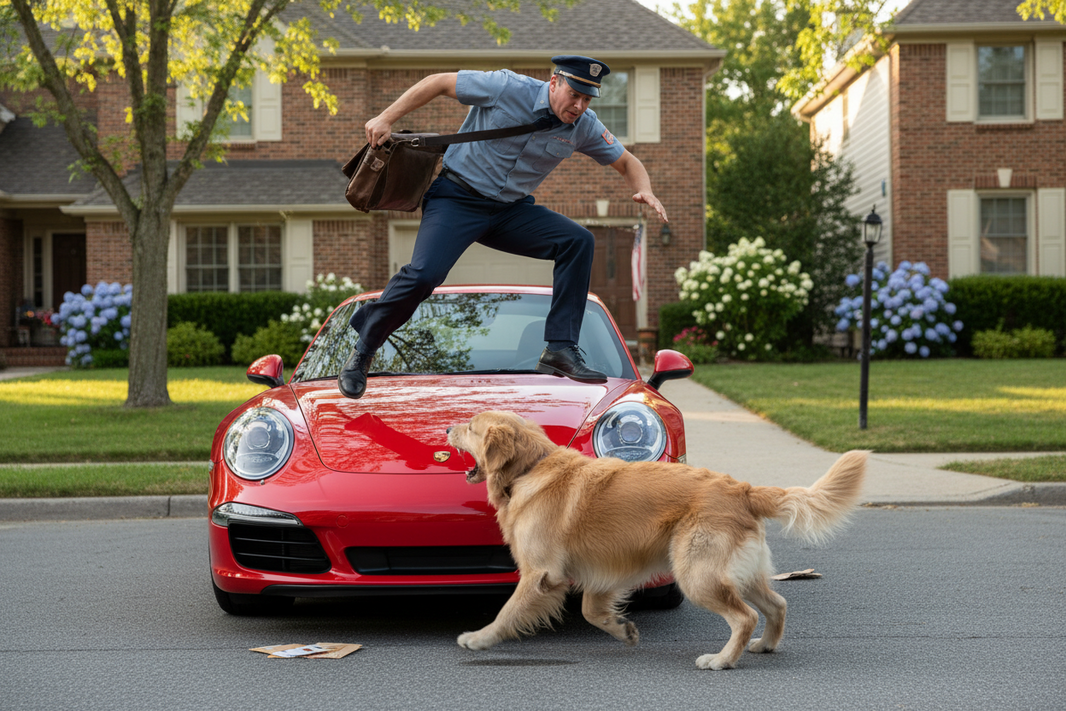 Ein Paketbote springt vor bellenden Hunden auf einen Porsche – der Hundehalter bleibt auf dem Schaden sitzen.