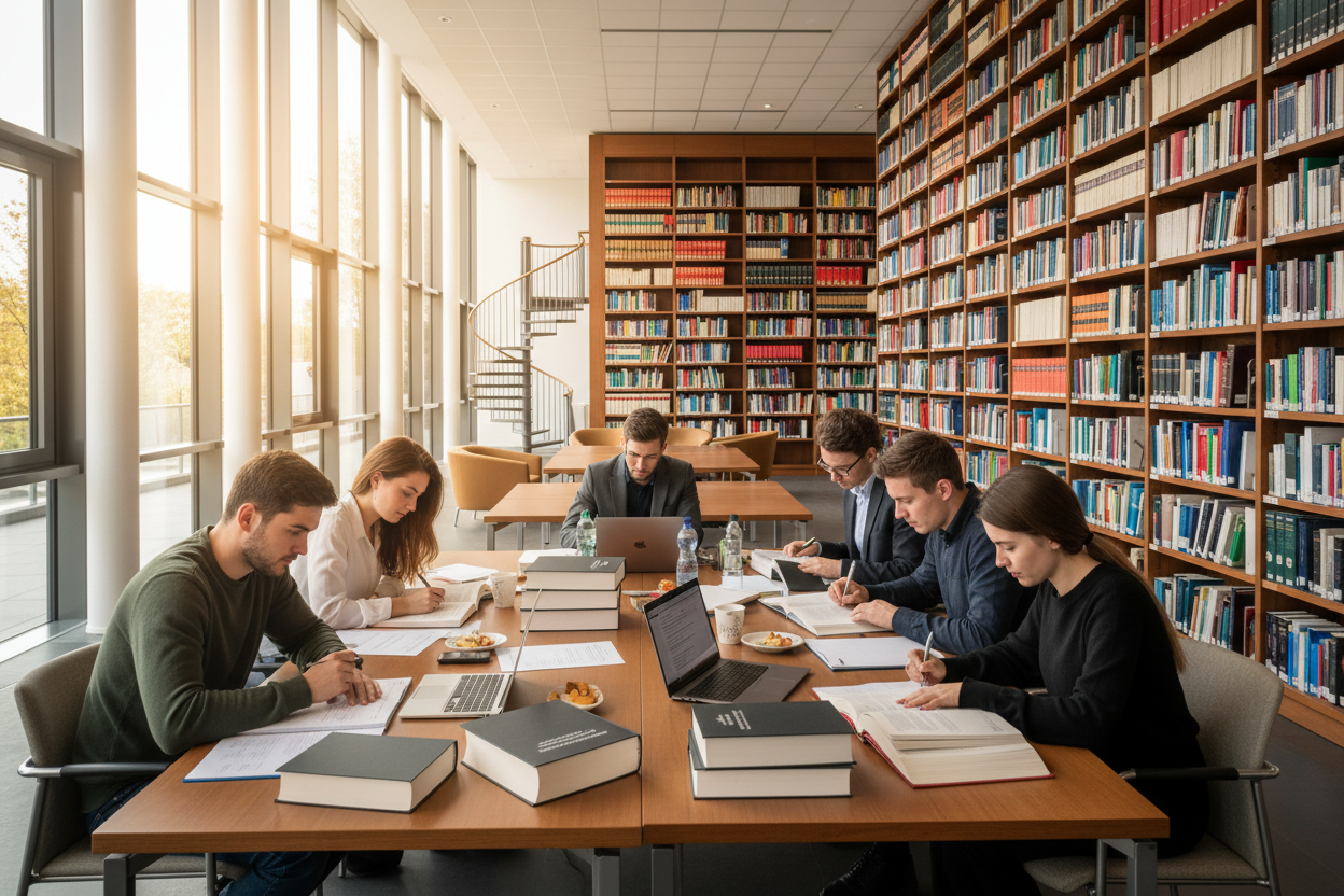 erstelle ein bild von studenten an einer deutschen universität in einer biblothek lernen